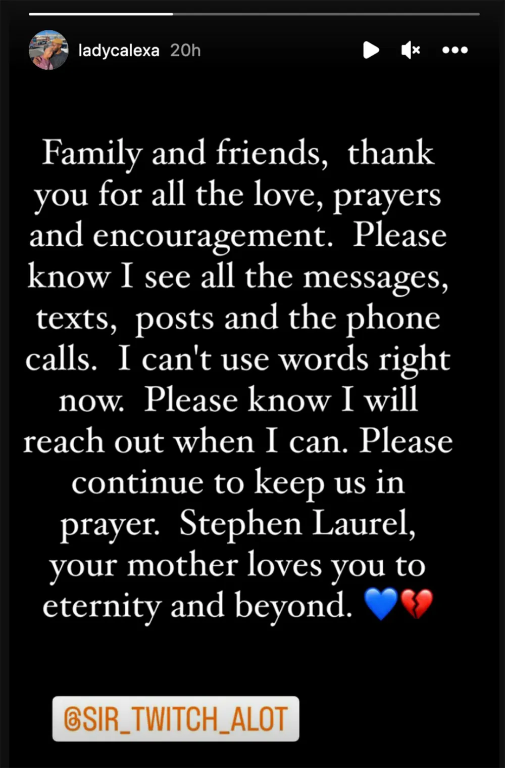 Stephen &lsquo;tWitch&rsquo; Boss&rsquo; Mom Breaks Silence on His Death: &lsquo;Your Mother Loves You to Eternity and Beyond&rsquo; in memorium