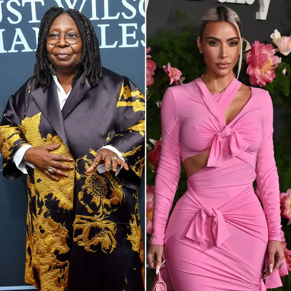 Whoopi Goldberg Takes a Dig at Kim Kardashian's Influence in Hollywood: But 'I Would Never Minimize Her' satin black yellow jacket bubblegum pink gown