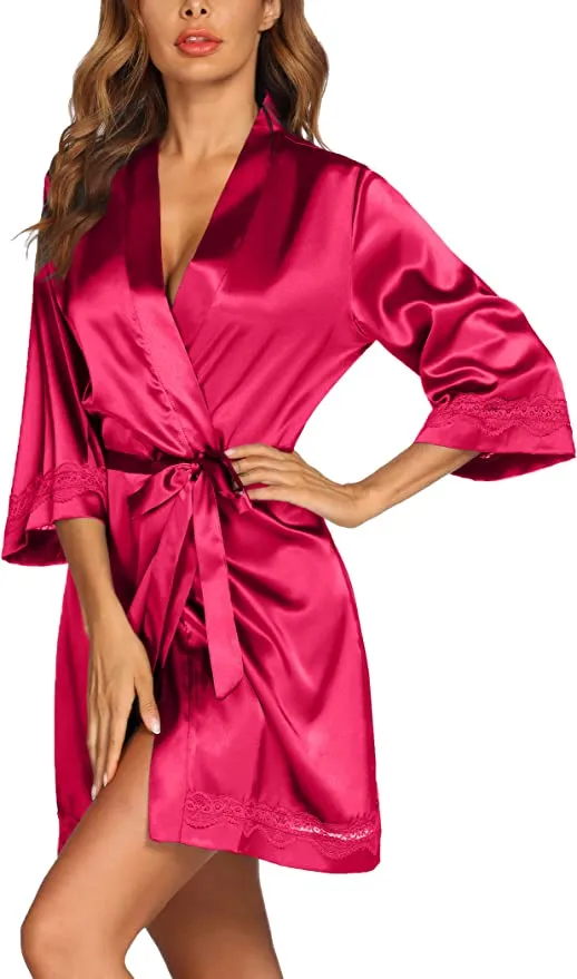 Ekouaer Women's Lace-Trim Silk Robe