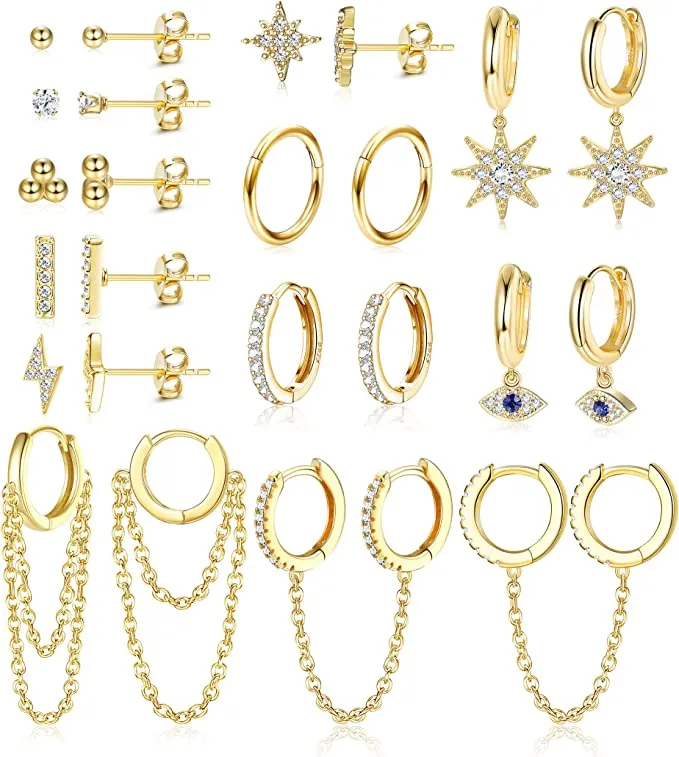 IRONBOX 12Pairs 14K Gold Plated Huggie Hoop Set