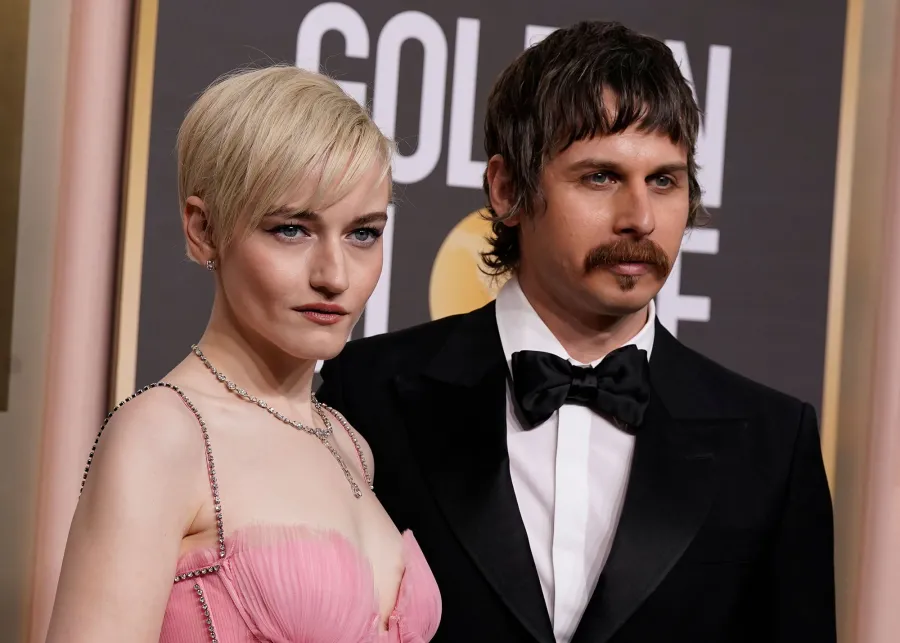 Julia Garner and Mark Foster's Timeline pink gown Golden Globes 2023