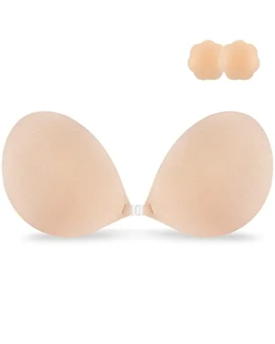 Niidor Adhesive Bra Strapless Sticky Invisible Push up Silicone Bra for Backless Dress with Nipple Covers Nude(B Cup)