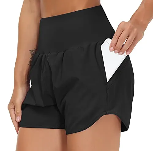 THE GYM PEOPLE Women&rsquo;s High Waist Running Shorts with Liner Athletic Hiking Workout Shorts Zip Pockets (Black, Small)