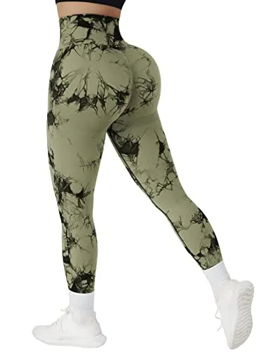 RXRXCOCO Women Scrunch Butt Lifting Leggings Seamless High Waisted Leggings Tummy Control Yoga Pants Compression Workout Tights Medium Tie Dye Green