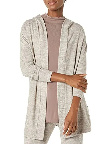 Daily Ritual Women's Cozy Knit Long-Sleeve Hooded Open Cardigan, Taupe Heather, Small
