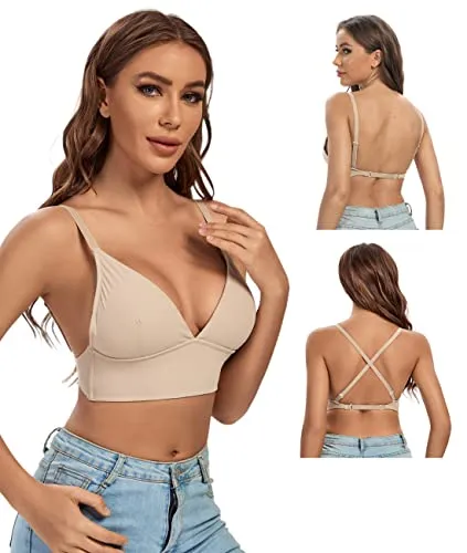 OBICUM Low Back Bra for Women Wireless Padded Backless Bralette Deep V Convertible Adjustable Straps Bra Beige M