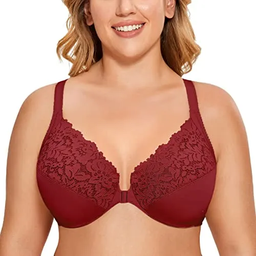 DELIMIRA Women's Front Closure Plus Size Full Coverage Lace Underwire Racerback Bra Dark Rust 34C