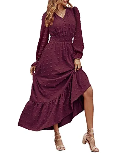MASCOMODA Women Boho Maxi Dress Long Sleeve V Neck Swiss Dot Smocked High Waisted Button A-Line Ruffle Tiered Fall Long Dress(Medium, Wine Red)