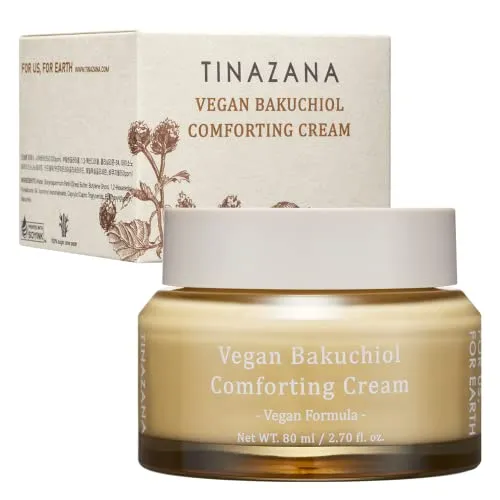 TINAZANA Vegan Bakuchiol Comforting Cream For Replenish and Soothe Senitive Dry Skin, Skin Care, Highly Moisturizing Recovery Cream, 100% Vegan Formula, Bacuchiol, Share Butter, Colorless, Fragrance-free 2.7Oz (80ml)