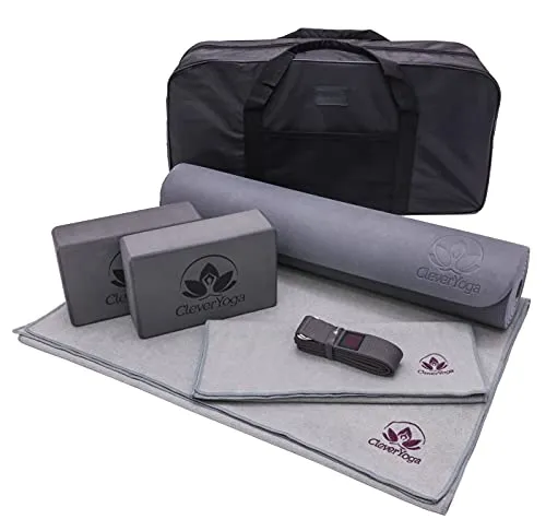 Yoga Gift For Women and Men - Mat Set Gray Kit 7PC - 6mm Large Yoga Mat, Yoga Mat Towel, 2 Yoga Blocks, Yoga Strap, Yoga Hand Towel with a Bag for Storage and Carrying - Great for Replica Luxury Handbag or Travel