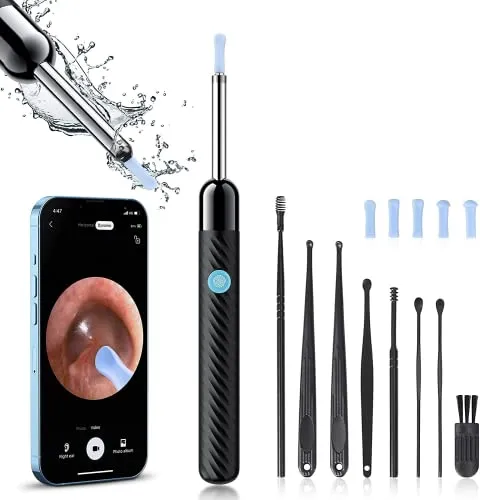 Ear Wax Removal - Earwax Remover Tool with 8 Pcs Ear Set - Ear Cleaner with Camera - Earwax Removal Kit with Light - Ear Camera with 6 Ear Spoon - Ear Cleaner for iOS & Android (Black)