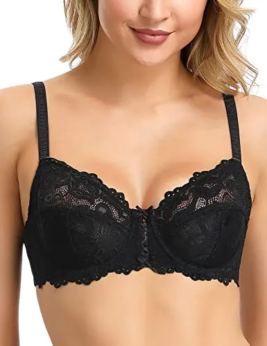 Wingslove Women's Sexy Lace Bra Non Padded Underwire Unlined Bra Full Coverage Plus Size Lace Bralette (Black, 42C)