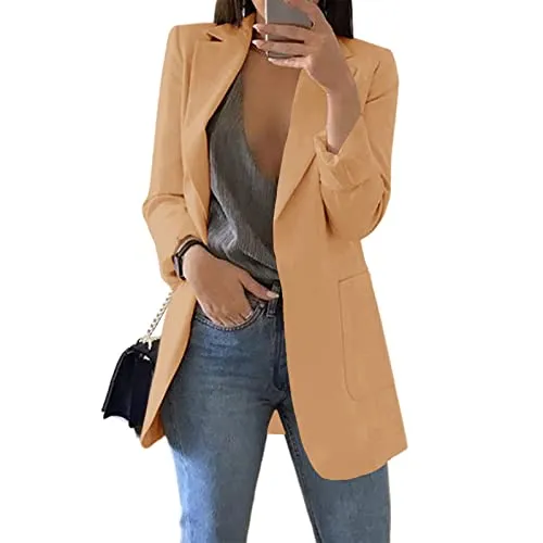 Cnkwei Womens Casual Blazers Open Front Long Sleeve Lapel Collar Work Office Jacket Khaki