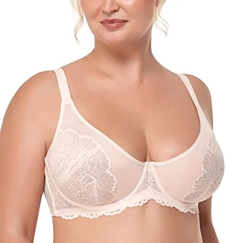 HSIA Women's Minimizer Bra Unlined Underwire Full Figure Lace Bra Plus Size Full Coverage Unpadded Bra 34DD Dusty Peach