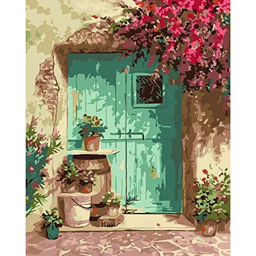 Paint by Numbers for Adults,eniref Paint by Numbers for Adults Beginner Blue Door with Flower , Acrylic Paint Adults' Paint-by-Number Kits Replica Luxury Handbag Decor 16X20Inch