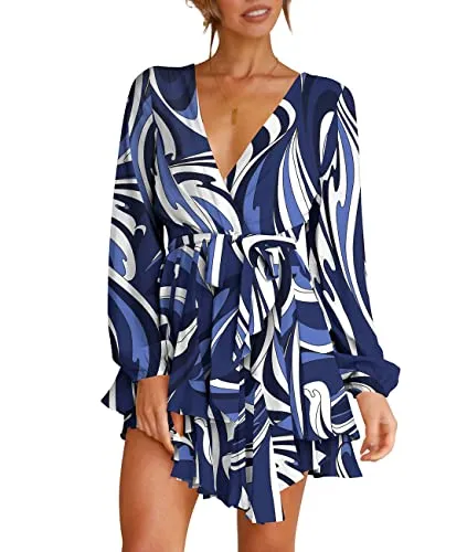 Cosonsen Women Long Sleeve Dresses Deep V-Neck Long Sleeve Striped Short Dress Blue S