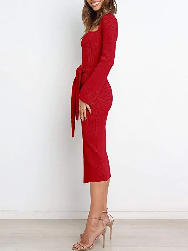 ANRABESS Women's Ribbed Sweetheart Neck Knit Dress