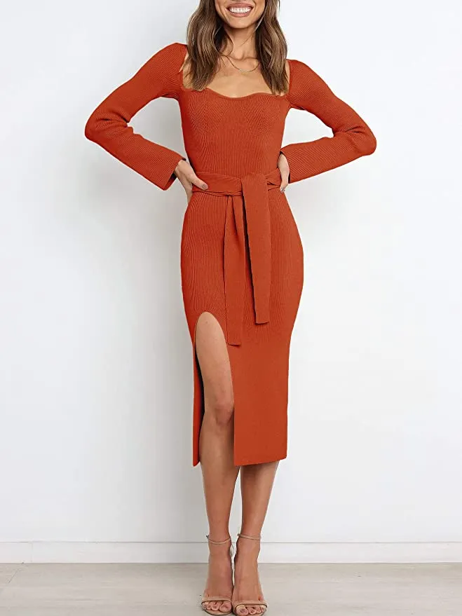 ANRABESS Women's Ribbed Sweetheart Neck Knit Dress