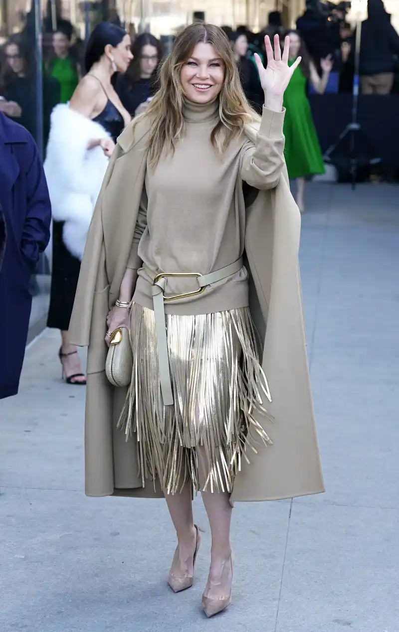 Ellen Pompeo In Tan Sweater and Coat with Gold Fringe Skirt Celebs at NYFW 2023
