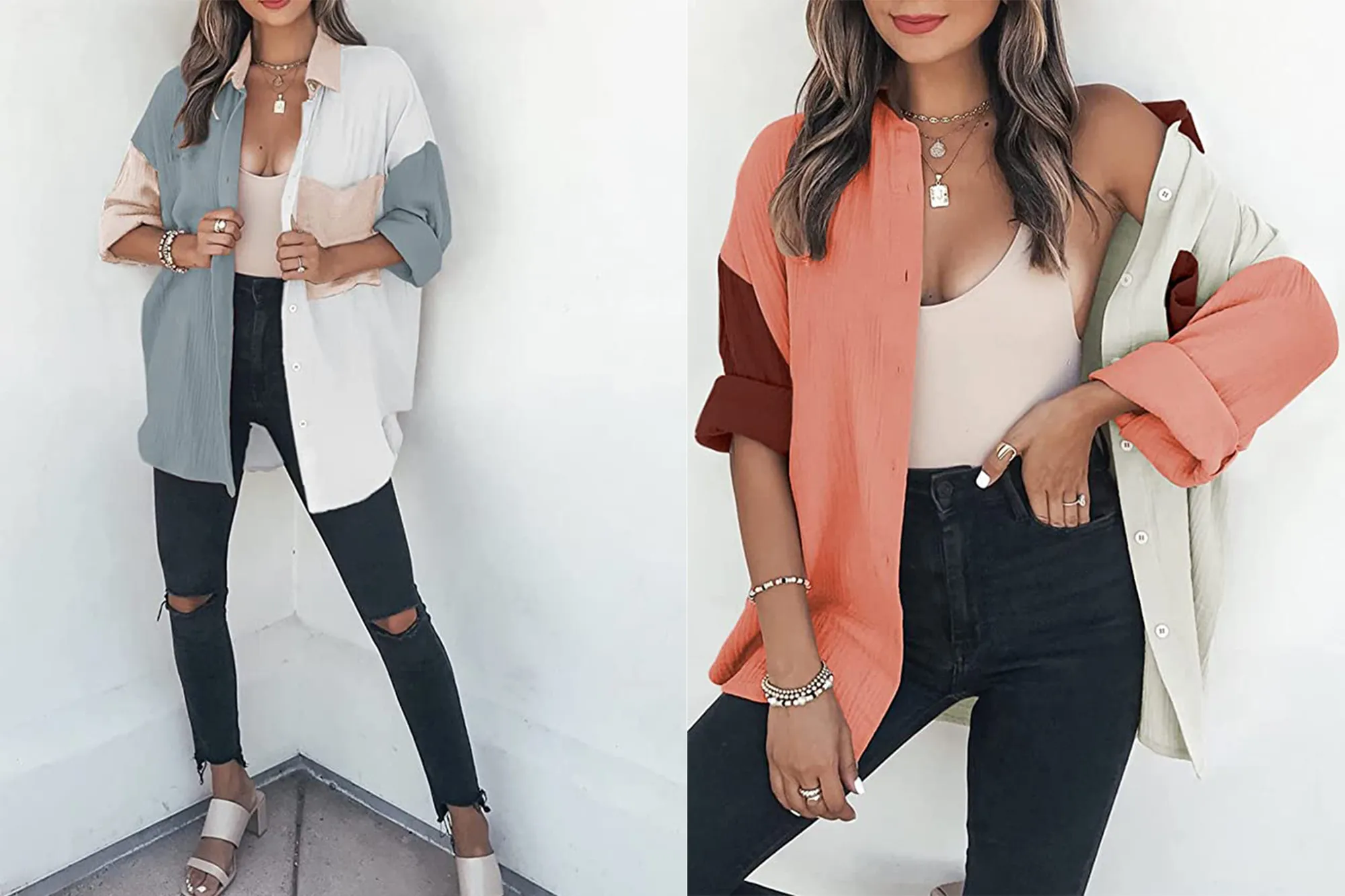 Dokotoo Women's Color Block Button Down Shirt