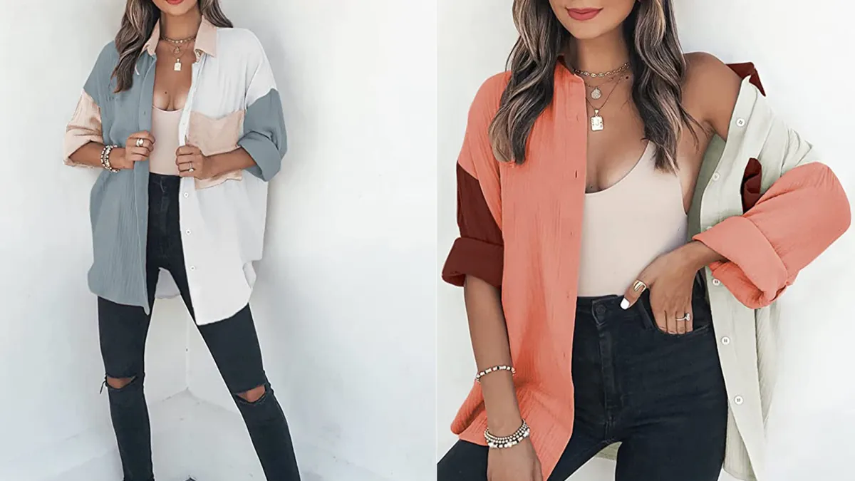 Dokotoo Women's Color Block Button Down Shirt