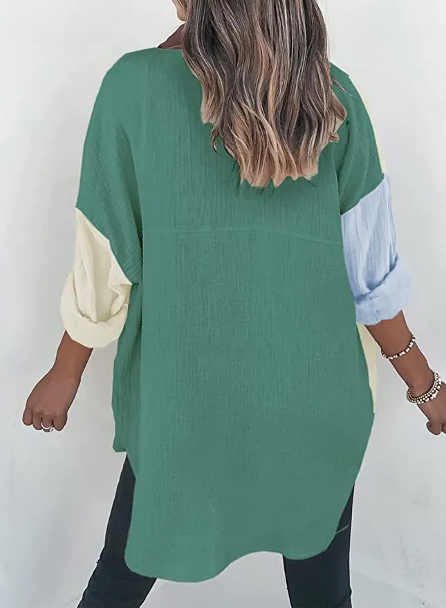 Dokotoo Women's Color Block Button Down Shirt