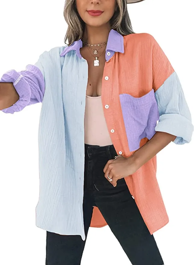 Dokotoo Women's Color Block Button Down Shirt