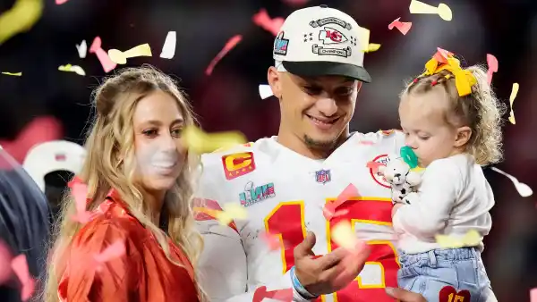 Feature Patrick Mahomes Wife Brittany Matthews Celebrate on Field Daughter Sterling Chiefs Win Super Bowl LVII