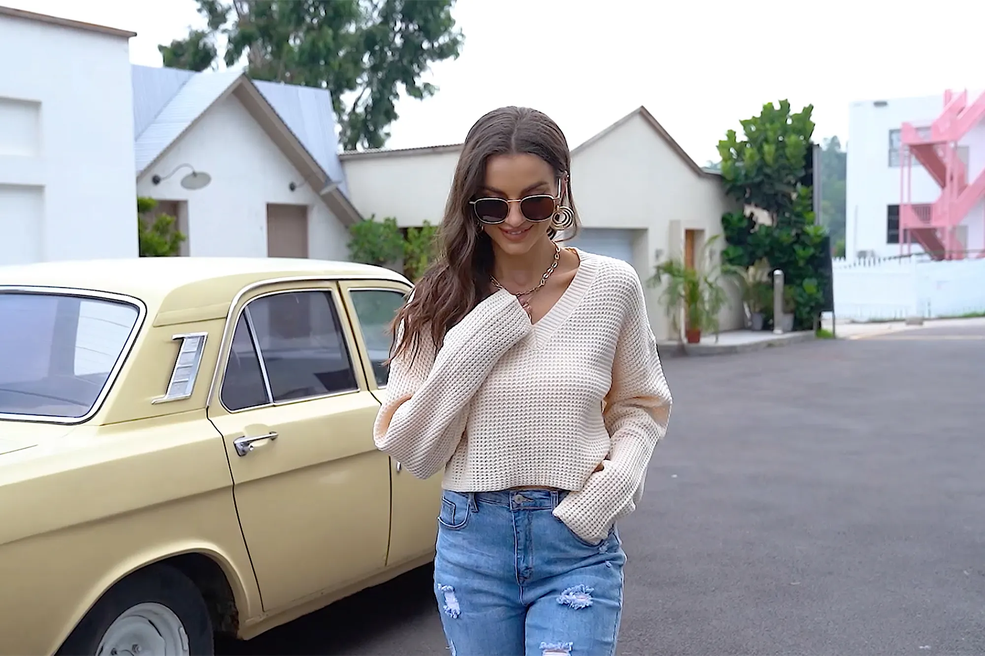 Jumppmile-Women's-V-Neck-Waffle-Knit-Crop-Top