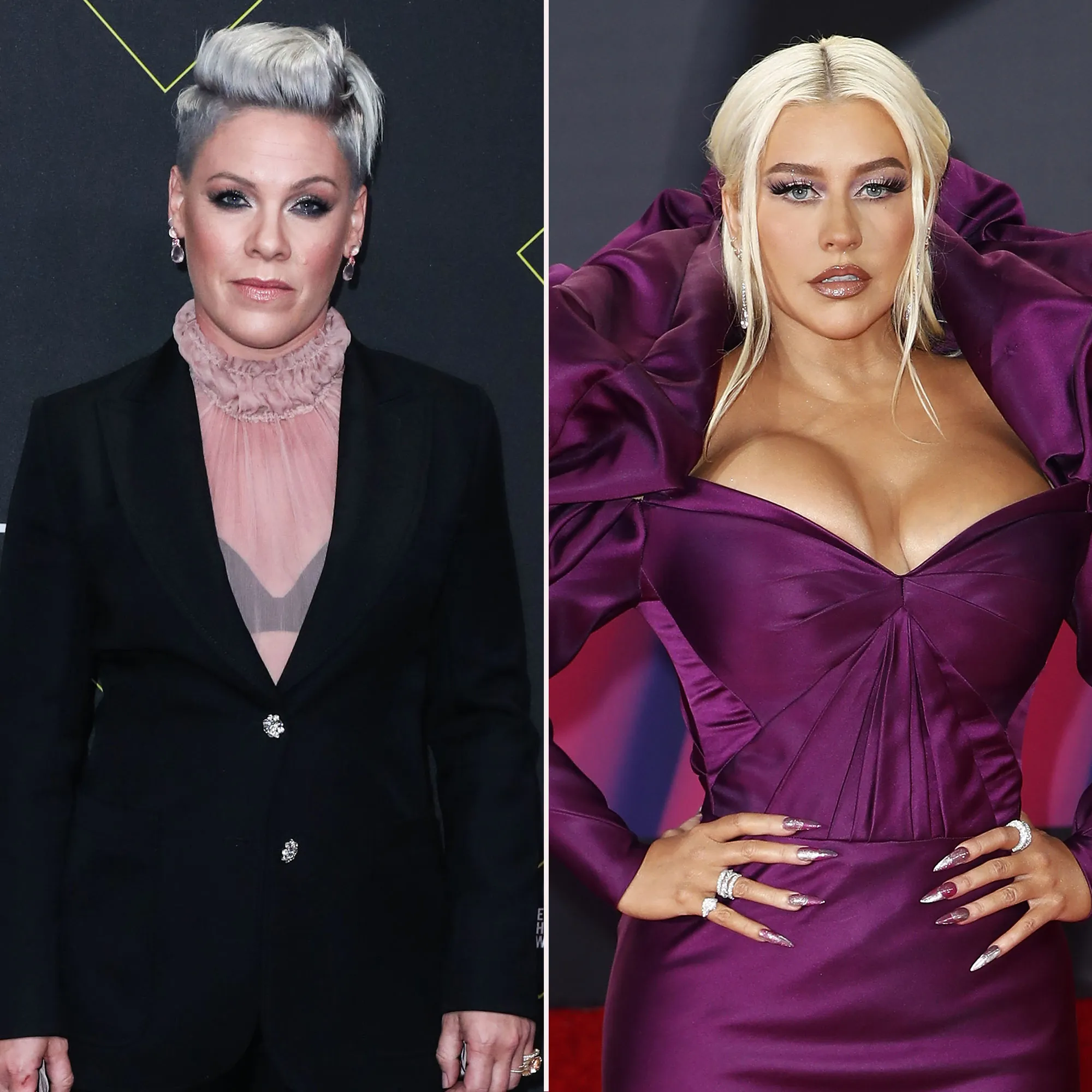 Pink and Christina Aguilera&rsquo;s Friendship Ups and Downs Over the Years purple dress