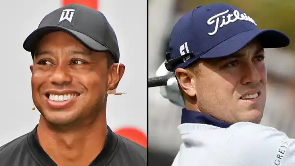 Tiger Woods Gives Justin Thomas a Tampon After Out Driving Him black nike shirt