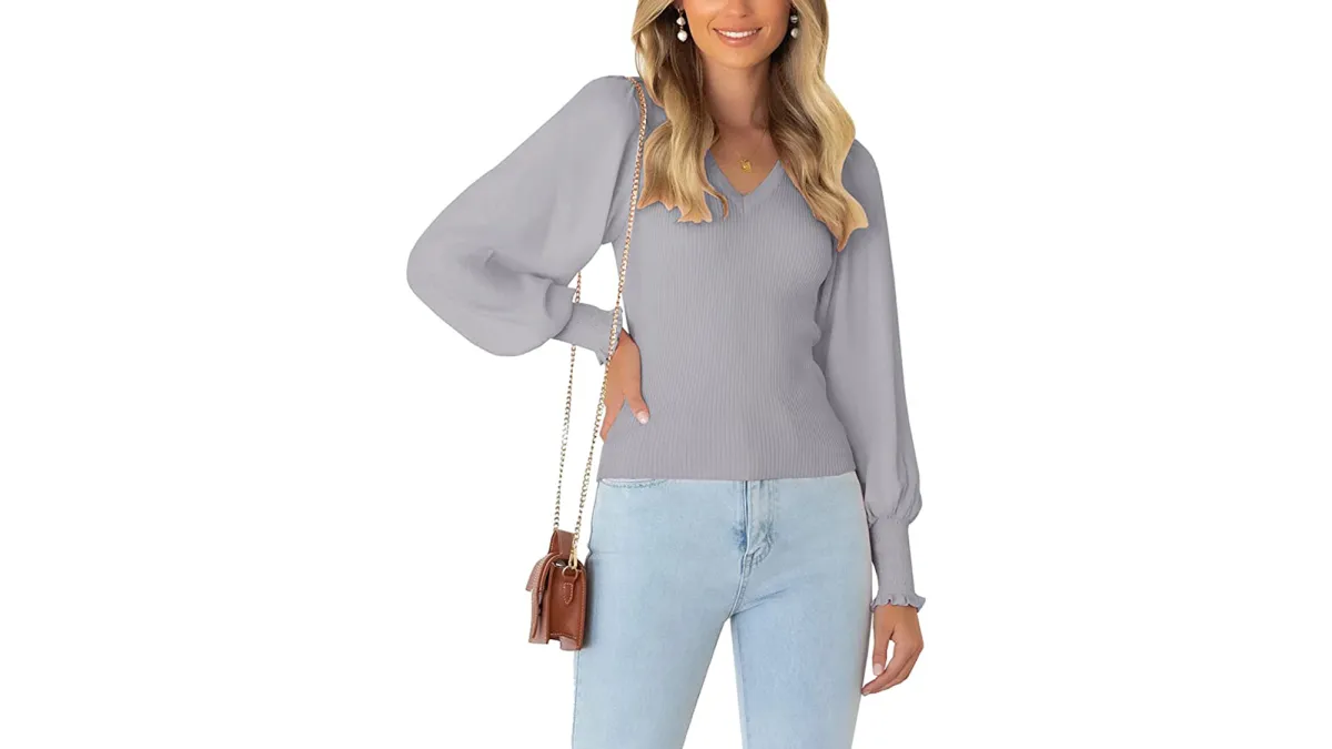 grey V-neck sweater