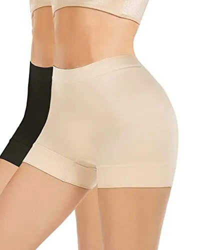 WOWENY 2 Packs Tummy Control Shapewear Shorts for Women Seamless Shaping Boyshorts Thigh Slimmer Body Shaper Panties for Under Dresses(2 Pack （Beige&Black）, Large)