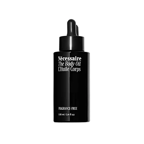 N&eacute;cessaire The Body Oil. 100% Organic + Cold-Pressed. Vitamins. Omegas. Minerals. Aged Skin. Dry Skin. Stretch Marks. Hypoallergenic. Dermatologist-Tested. Non-Comedogenic. Fragrance-Free. 100 ml / 3.4 fl oz