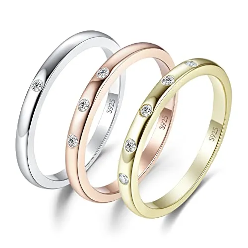 JewelryPalace 14K Yellow Rose Gold 925 Sterling Silver Ring Sets, 3 5 Stones Bezel Cubic Zirconia Stackable Rings for Women, Tri-Tone Anniversary Eternity Wedding Bands Promise Ring for her Size 7