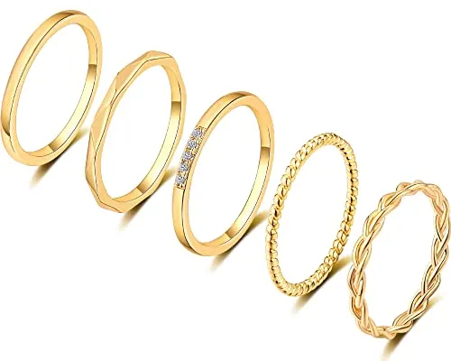 ZOERAY 5 PCS 14K Gold Plated Gold Stacking Rings for Women Knuckle Rings Filled Fashion Plain Band Rings Thin Silver Comfort Fit Size 5 to 9
