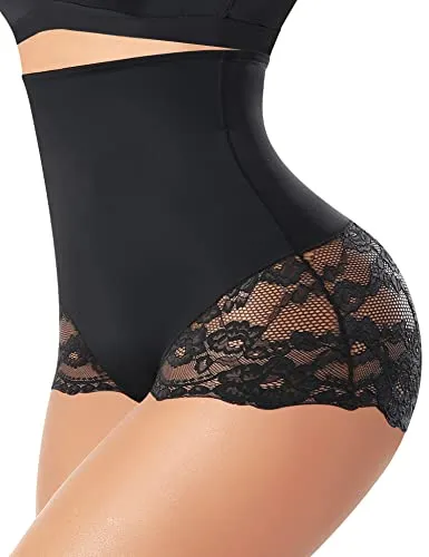 Tummy Control Shapewear Panties for Women High Waisted Shaping Underwear Seamless Body Shaper Girdle Panty(Black-Lace Trim,Small)