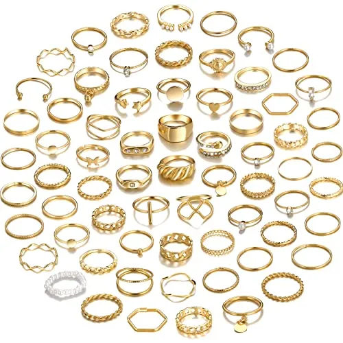 YEEZII 68 Pcs Gold Knuckle Rings Set for Women Girls, Stackable Rings Boho Joint Finger Midi Rings Hollow Carved Crystal Stacking Rings Pack