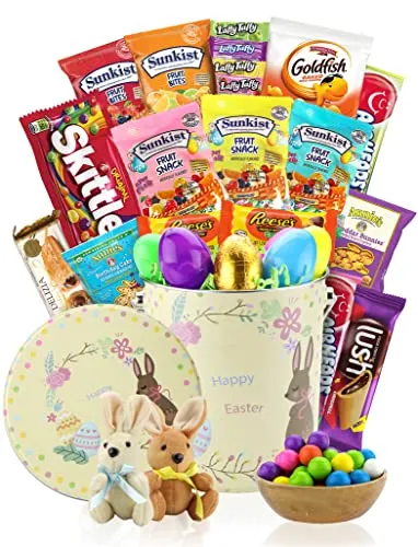 Easter Basket Tin, Premade, Kids, Boys, Girls, Filled with Easter Eggs, Candy, Chocolate, Great Easter Care Package for Family and Friends, Huevos de Pascua, (28 Count)