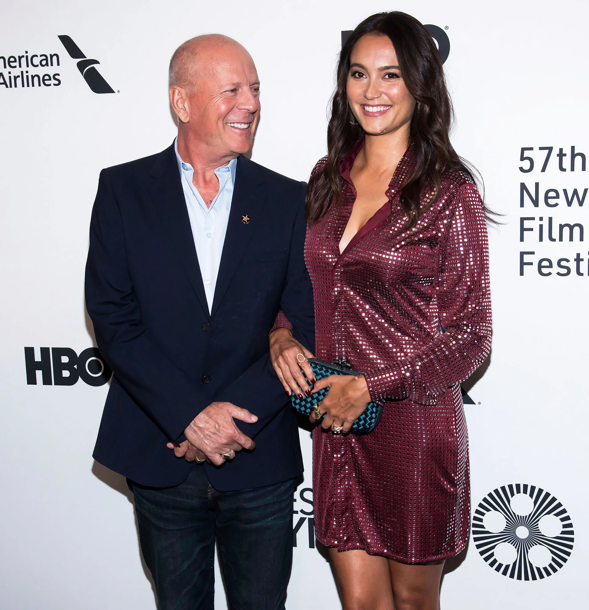 Emma Heming Slams Claim She's Using Bruce Willis' Diagnosis for Fame maroon dress