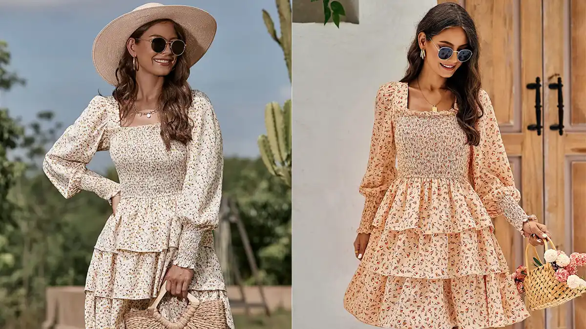 KIRUNDO-Women's-Square-Neck-Tiered-Ruffle-Mini-Dress