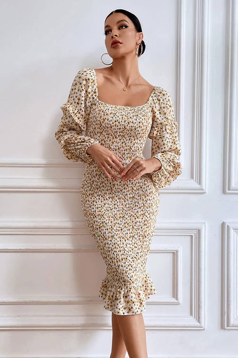 PRETTYGARDEN Puff Sleeve Floral Midi Bodycon Dress