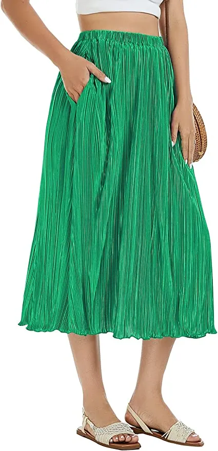 RANPHEE Women's Pleated Elastic Waist Midi Skirt