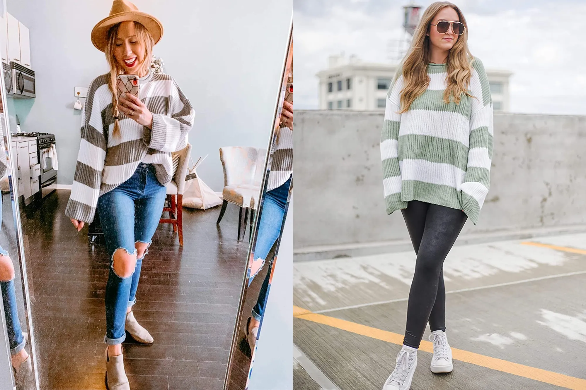 ZESICA Women's Crew Neck Striped Oversized Sweater