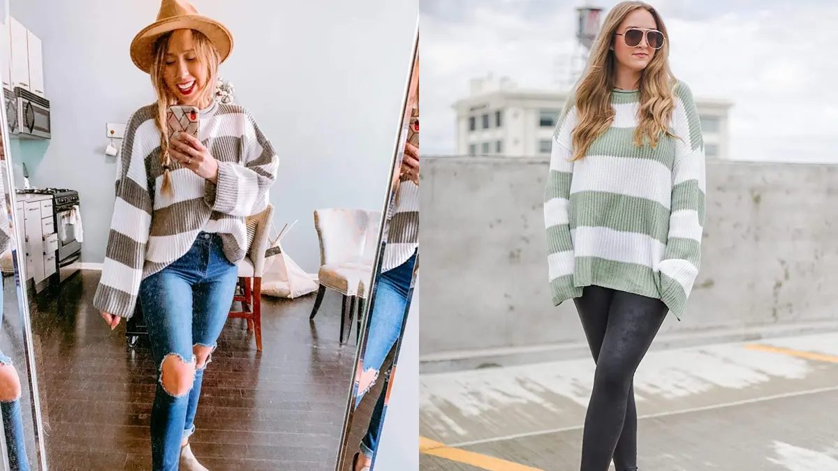 ZESICA Women's Crew Neck Striped Oversized Sweater