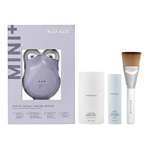 NuFACE MINI+ Starter Kit – Petite Facial Toning Device with Aqua Gel Activator 1.69 Oz, Silk Crème Activator 0.5 Oz + Clean Sweep Applicator Brush – Violet Dusk