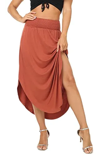 Carpetcom Women&rsquo;s Casual Slit Loose Smoked High Waist Summer Fall Long Maxi Skirt with Pockets