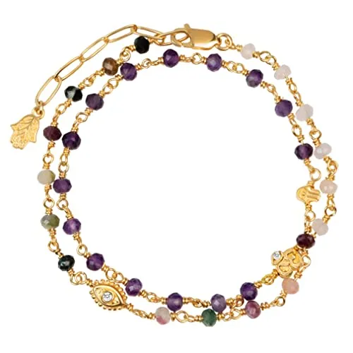KARMA AND LUCK - Tranquil Voice - Women's Genuine Amethyst Rose Quartz Tourmaline Gemstones Triple Protection Wrap Bracelet. 18K Gold Plated Brass Charms ( Evil Eye, Hamsa, and Om). Chain Length: 14.5".