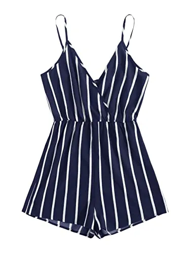 SweatyRocks Women's Boho Floral Print V Neck Beach Shorts Romper Jumpsuit with Belt Dark Blue White XS