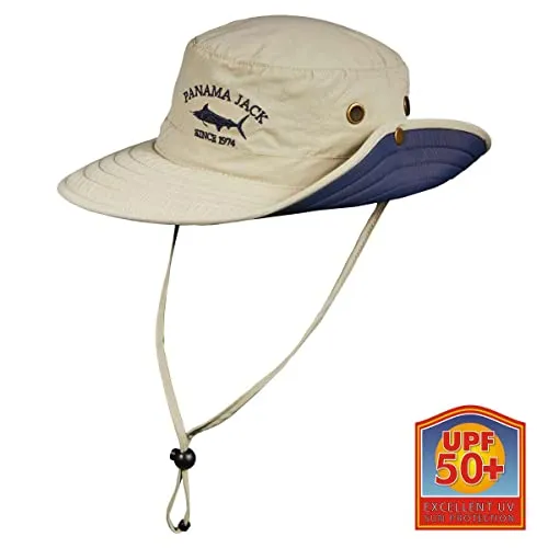 Panama Jack Boonie Fishing Hat - Lightweight, Packable, UPF (SPF) 50+ Sun Protection, 3" Floating Brim (Khaki/Navy, X-Large)